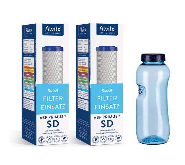 Alvito Primus SD 2er Set Wasserfilter + Gratis Tritan Wasserflasche 0,5 Liter